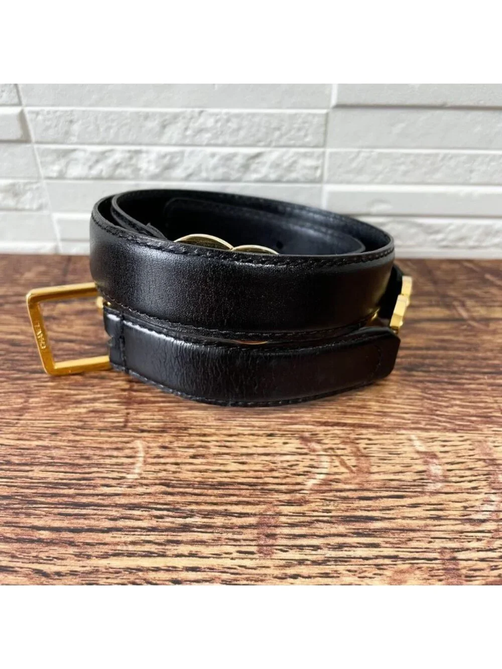 Chanel Leather Double CC Logo Gold Belt Black